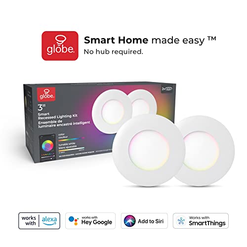 Globe Electric 50466 Wi-Fi Smart 3" Ultra Slim LED Recessed Lighting Kit 2-Pack, No Hub Required, Voice Activated, 7 W, Multicolor Changing RGB, Tunable White 2000K - 5000K, 390 Lumens, Wet Rated