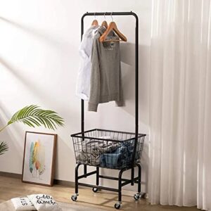 Laundry Cart With Hanging Rack, Laundry Basket with Wheels and Hanging Bar, Laundry Butler Cart Rolling Laundry Rack Small Garment Rack with Basket