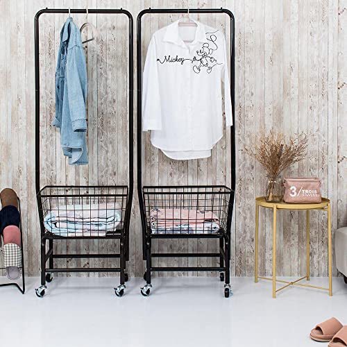 Laundry Cart With Hanging Rack, Laundry Basket with Wheels and Hanging Bar, Laundry Butler Cart Rolling Laundry Rack Small Garment Rack with Basket