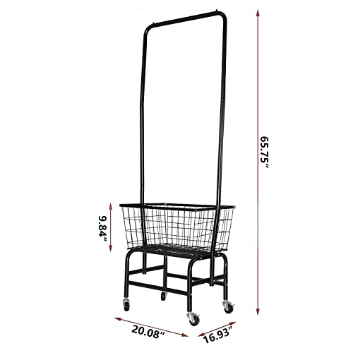 Laundry Cart With Hanging Rack, Laundry Basket with Wheels and Hanging Bar, Laundry Butler Cart Rolling Laundry Rack Small Garment Rack with Basket