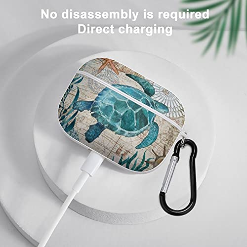 YouTary Blue Sea Turtle Nautical Map Pattern Apple Airpods pro Case Cover with Keychain, AirPod Headphone Cover Unisex Shockproof Protective Wireless Charging Headset Accessories