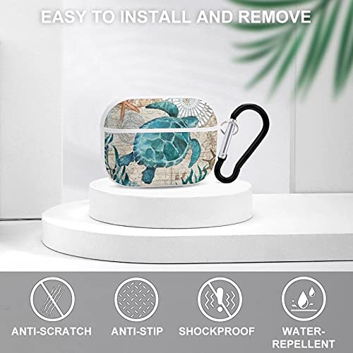 YouTary Blue Sea Turtle Nautical Map Pattern Apple Airpods pro Case Cover with Keychain, AirPod Headphone Cover Unisex Shockproof Protective Wireless Charging Headset Accessories