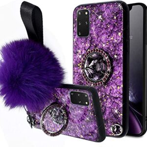 Aulzaju for OnePlus Nord N200 5G Case Ring Kickstand Wrist Strap Holder Design Luxury Glitter Hard PC Back Rugged TPU Edge Marble Pattern Cute Bling Diamond Bumper Phone Case for Girls Women Purple