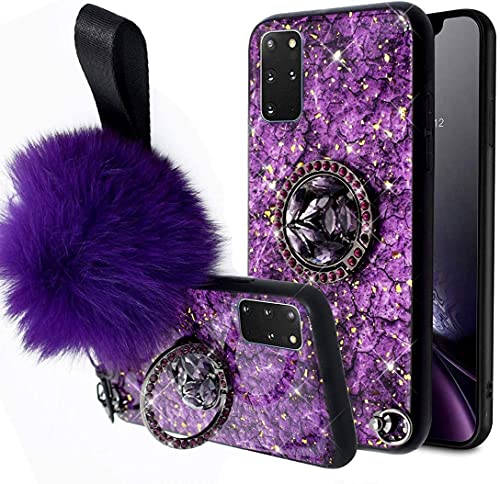 Aulzaju for OnePlus Nord N200 5G Case Ring Kickstand Wrist Strap Holder Design Luxury Glitter Hard PC Back Rugged TPU Edge Marble Pattern Cute Bling Diamond Bumper Phone Case for Girls Women Purple