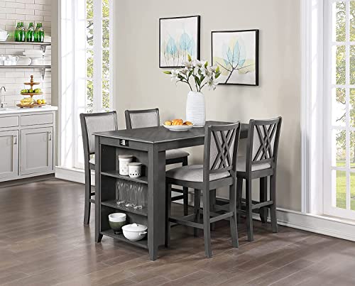 New Classic Furniture Amy Kitchen Counter Island Dining Table for 4 with Storage Shelf & USB Chargers, Contemporary Gray