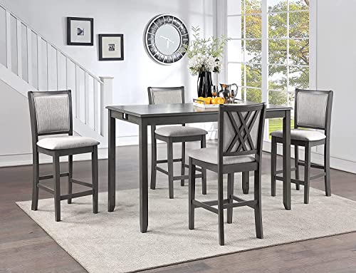 New Classic Furniture Amy Kitchen Counter Island Dining Table for 4 with Storage Shelf & USB Chargers, Contemporary Gray