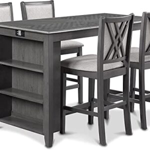 New Classic Furniture Amy Kitchen Counter Island Dining Table for 4 with Storage Shelf & USB Chargers, Contemporary Gray