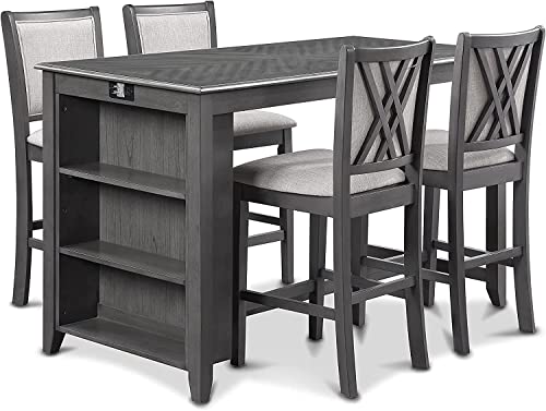 New Classic Furniture Amy Kitchen Counter Island Dining Table for 4 with Storage Shelf & USB Chargers, Contemporary Gray