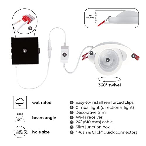 Globe Electric 50467 Wi-Fi Smart 4" Swivel LED Recessed Lighting Kit 2-Pack, No Hub Required, Voice Activated, 9 W, Multicolor Changing RGB, Tunable White 2000K - 5000K, 540 Lumens, Wet Rated