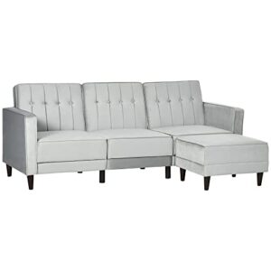 homcom upholstered l-shaped sofa bed, reversible sectional recliner sofa set, velvet-feel sleeper futon with footstool, grey