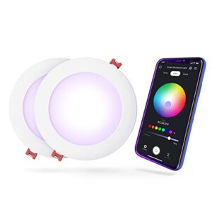 globe electric 50069 wi-fi smart 6" ultra slim led recessed lighting kit 2-pack, no hub required, voice activated, 12 w, multicolor changing rgb, tunable white 2000k - 5000k, 800 lumens, wet rated