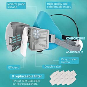 Reusable Face Cover with 8 Filters Set - Half Respirator Face Shield with Replaceable Parts for Woodworking, Painting, Gas, Dust, Machine Polishing, Organic Vapors, Car Spraying,Sanding &Cutting