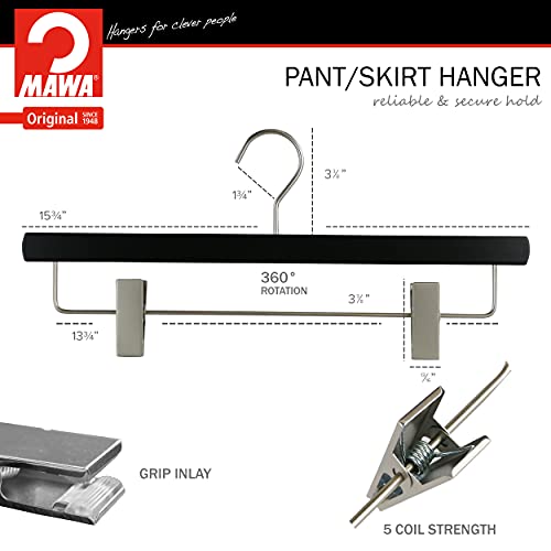 MAWA by Reston Lloyd, European Wooden Hanger, Beech Wood Hanger with Adjustable Pant Clips, Rotating Chrome Hook, Black Finish, for Pants, Shorts, & Skirt Clothes Hanger (26415)