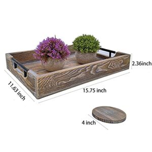 lofekea Serving Tray with Handles, Wooden Tray 15.7"x12" Coffee Table Tray Rustic Tray Vintage Serving Trays for Home Decorative Farmhouse Tray with 2 Round Coasters