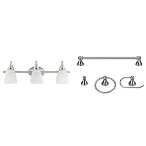 globe electric 50783 diana 3-light exclusive vanity light, satin nickel finish + 51228 jayden 4-piece all-in-one bathroom hardware set, brushed steel, towel bar & ring, toilet paper holder, robe hook