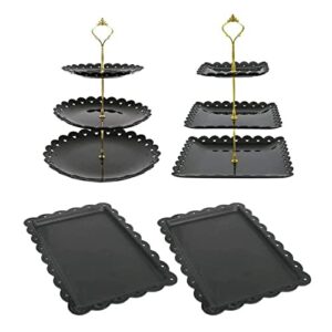 4 pieces plastic cake stand set with 2pcs large 3-tier cupcake stands + 2pcs appetizer trays perfect for wedding halloween birthday baby shower tea party(black)