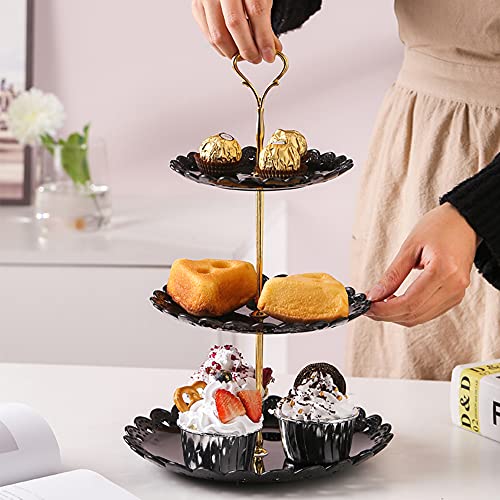 4 Pieces Plastic Cake Stand Set with 2pcs Large 3-Tier Cupcake Stands + 2pcs Appetizer Trays Perfect for Wedding Halloween Birthday Baby Shower Tea Party(Black)