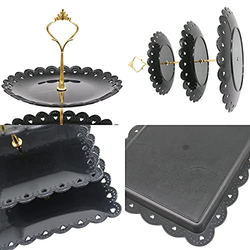 4 Pieces Plastic Cake Stand Set with 2pcs Large 3-Tier Cupcake Stands + 2pcs Appetizer Trays Perfect for Wedding Halloween Birthday Baby Shower Tea Party(Black)