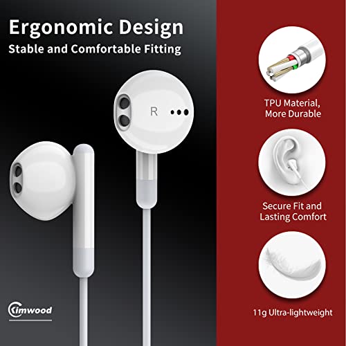 Wired Earbuds with Microphone, Kimwood Wired Earphones in-Ear Headphones HiFi Stereo, Powerful Bass and Crystal Clear Audio, Compatible with iPhone, iPad, Android, Computer Most with 3.5mm Jack(Clear)