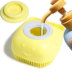 dog bath brush, pet massage brush shampoo dispenser, soft silicone brush rubber bristle for dogs and cats shower grooming (yellow)