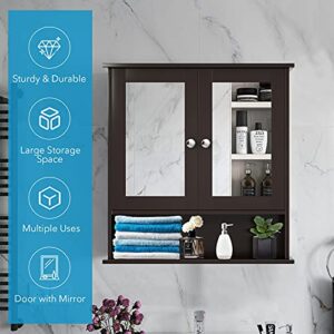 Hysache Mirrored Bathroom Cabinet, Wall Mounted Medicine Cabinet w/Double Mirror Doors & Adjustable Shelf, Multipurpose Storage Cabinet Home Organizer for Hallway Living Room Kitchen (Brown)