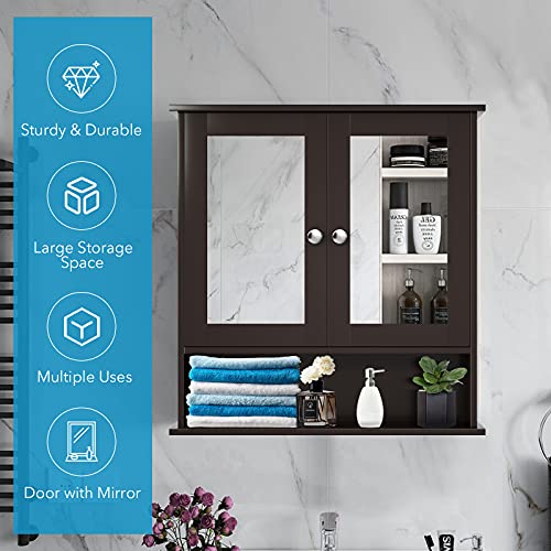 Hysache Mirrored Bathroom Cabinet, Wall Mounted Medicine Cabinet w/Double Mirror Doors & Adjustable Shelf, Multipurpose Storage Cabinet Home Organizer for Hallway Living Room Kitchen (Brown)