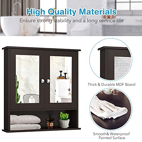 Hysache Mirrored Bathroom Cabinet, Wall Mounted Medicine Cabinet w/Double Mirror Doors & Adjustable Shelf, Multipurpose Storage Cabinet Home Organizer for Hallway Living Room Kitchen (Brown)