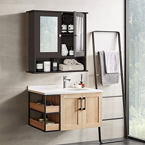 Hysache Mirrored Bathroom Cabinet, Wall Mounted Medicine Cabinet w/Double Mirror Doors & Adjustable Shelf, Multipurpose Storage Cabinet Home Organizer for Hallway Living Room Kitchen (Brown)