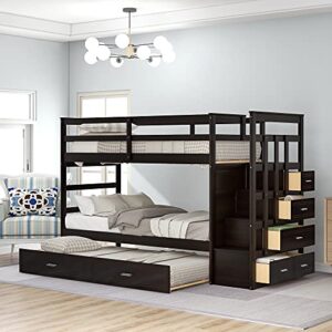harper & bright designs wood twin bunk bed for kids, twin over twin bunk bed frame with trundle and staircase, espresso