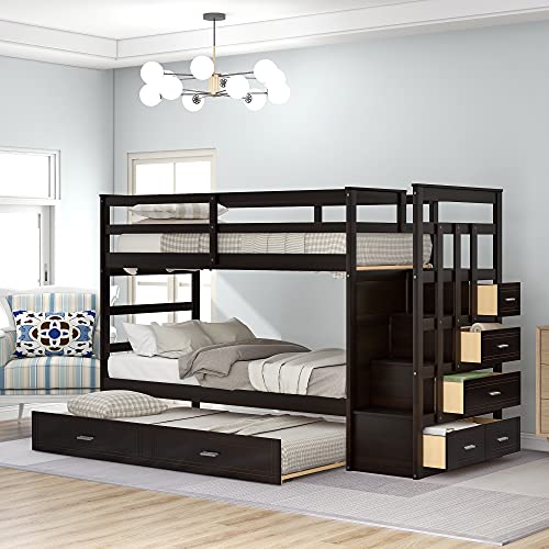 Harper & Bright Designs Wood Twin Bunk Bed for Kids, Twin Over Twin Bunk Bed Frame with Trundle and Staircase, Espresso