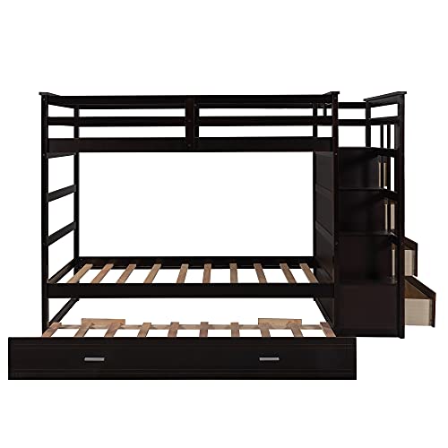 Harper & Bright Designs Wood Twin Bunk Bed for Kids, Twin Over Twin Bunk Bed Frame with Trundle and Staircase, Espresso