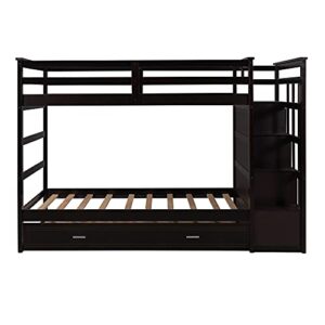 Harper & Bright Designs Wood Twin Bunk Bed for Kids, Twin Over Twin Bunk Bed Frame with Trundle and Staircase, Espresso