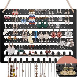 wooden jewelry organizer wall mounted, hanging jewelry organizer earring organizer necklace holder bracelet holder over the door, jewelry holder for earrings, necklaces &rings (black)