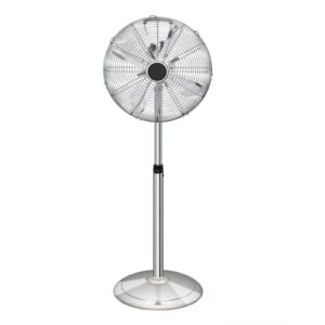 16 inch stand fan, adjustable heights, horizontal ocillation 75°, 3 settings speeds, low noise, quality made durable fan, high velocity, heavy duty metal for industrial, commercial, residential