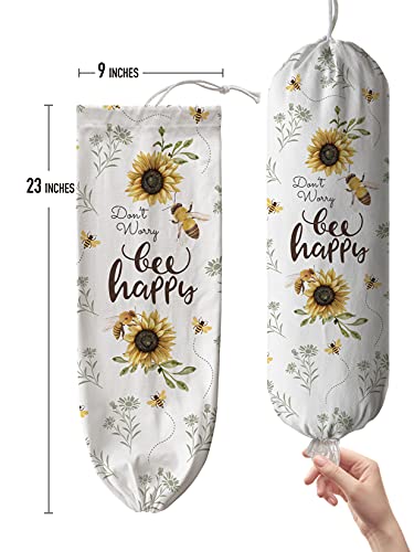 Hglian Kitchen Grocery Plastic Bag Holder and Dispenser Wall Mount Plastic bags Organizer Garbage Shopping Trash bags Storage Container keeper Cute Bee Sunflower Farmhouse Home Décor