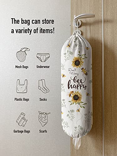 Hglian Kitchen Grocery Plastic Bag Holder and Dispenser Wall Mount Plastic bags Organizer Garbage Shopping Trash bags Storage Container keeper Cute Bee Sunflower Farmhouse Home Décor