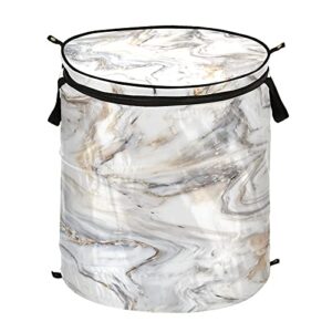 xigua Marble Ink Texture Pop Up Laundry Hamper Bucket Cylindric, Foldable Clothes Bag, Folding Washing Bin,Large Capacity Zipper Lid Laundry Storage Basket