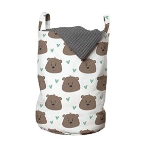 lunarable cartoon laundry bag, funny grizzly bears heads with hearts forest animals woodland print, hamper basket with handles drawstring closure for laundromats, 13" x 19", seafoam umber and white