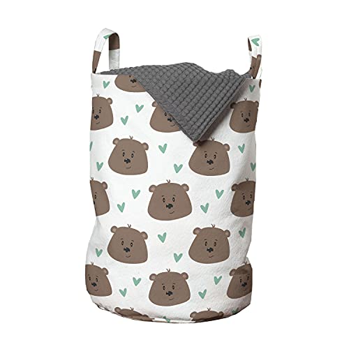 Lunarable Cartoon Laundry Bag, Funny Grizzly Bears Heads with Hearts Forest Animals Woodland Print, Hamper Basket with Handles Drawstring Closure for Laundromats, 13" x 19", Seafoam Umber and White