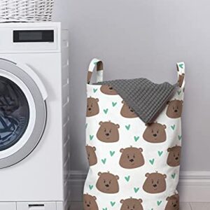 Lunarable Cartoon Laundry Bag, Funny Grizzly Bears Heads with Hearts Forest Animals Woodland Print, Hamper Basket with Handles Drawstring Closure for Laundromats, 13" x 19", Seafoam Umber and White