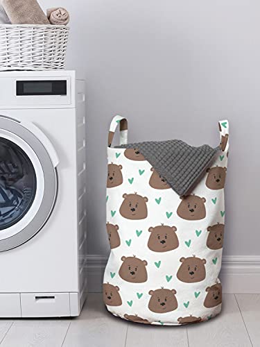 Lunarable Cartoon Laundry Bag, Funny Grizzly Bears Heads with Hearts Forest Animals Woodland Print, Hamper Basket with Handles Drawstring Closure for Laundromats, 13" x 19", Seafoam Umber and White