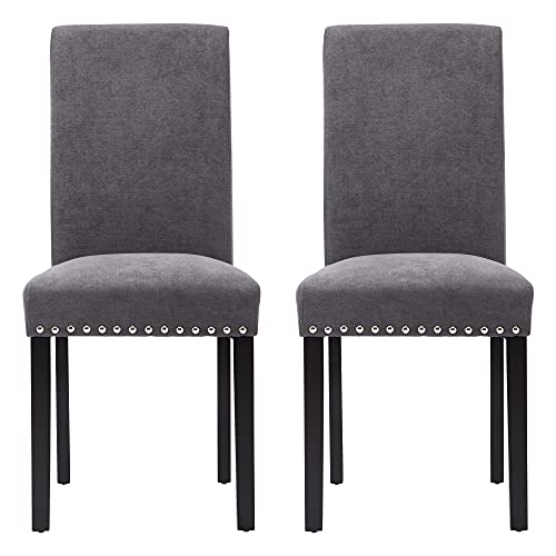 thksbought Set of 2 Dining Chairs Medieval Retro Leisure Fabric Cushioned Pine Chair Legs with Nail Head Decoration(Gray)