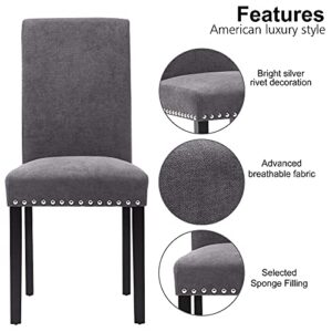 thksbought Set of 2 Dining Chairs Medieval Retro Leisure Fabric Cushioned Pine Chair Legs with Nail Head Decoration(Gray)