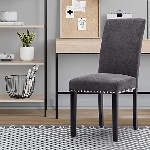 thksbought Set of 2 Dining Chairs Medieval Retro Leisure Fabric Cushioned Pine Chair Legs with Nail Head Decoration(Gray)