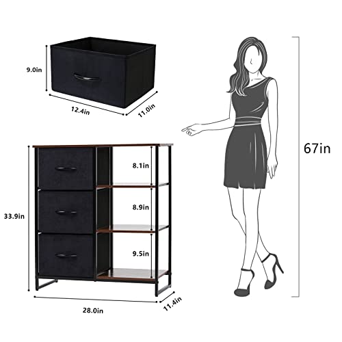 LYNCOHOME 3 Drawer Dresser with Shelves, Storage Cabinet with Drawers, Storage Shelves Nightstands for Bedroom, Livingroom, Office(Right Shelf)