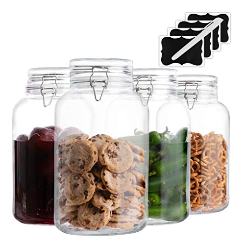 Glass Jars with Airtight Lid | Glass Airtight Food Storage Containers | Clear Leak Proof Rubber Gasket and Clamp Lid [Set of 4-1 Gallon Jars]