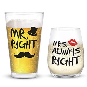 mr. right and mrs. always right stemless wine glass and beer glass, funny couple set for her him newlywed couples - ideal for wedding anniversary valentine's day birthday christmas, 12oz