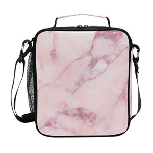 lunch bags for boys girls, pink marble pattern reusable insulated lunch box thermal meal tote kit, lunch cooler bag organizer with adjustable shoulder strap