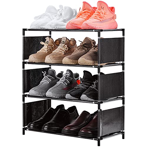 NiHome Stackable and Adjustable 4-Tier Shoe Rack, Lightweight Space-Saving Narrow Design for Small Spaces, Holds up to 8 Pairs, Ideal for Closet, Hallway, Entryway, Living Room, Bedroom (Black Fabric)