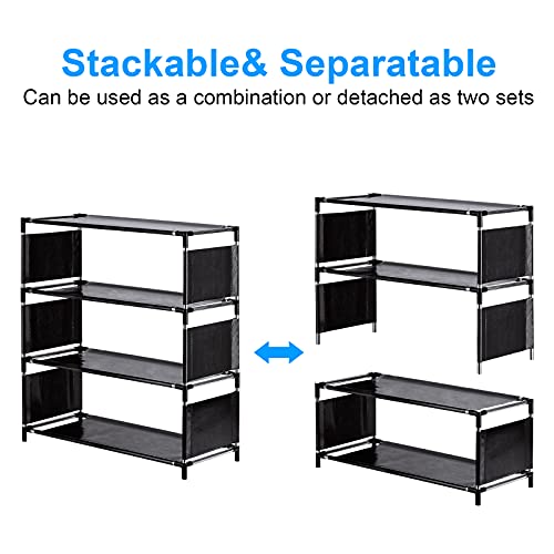NiHome Stackable and Adjustable 4-Tier Shoe Rack, Lightweight Space-Saving Narrow Design for Small Spaces, Holds up to 8 Pairs, Ideal for Closet, Hallway, Entryway, Living Room, Bedroom (Black Fabric)